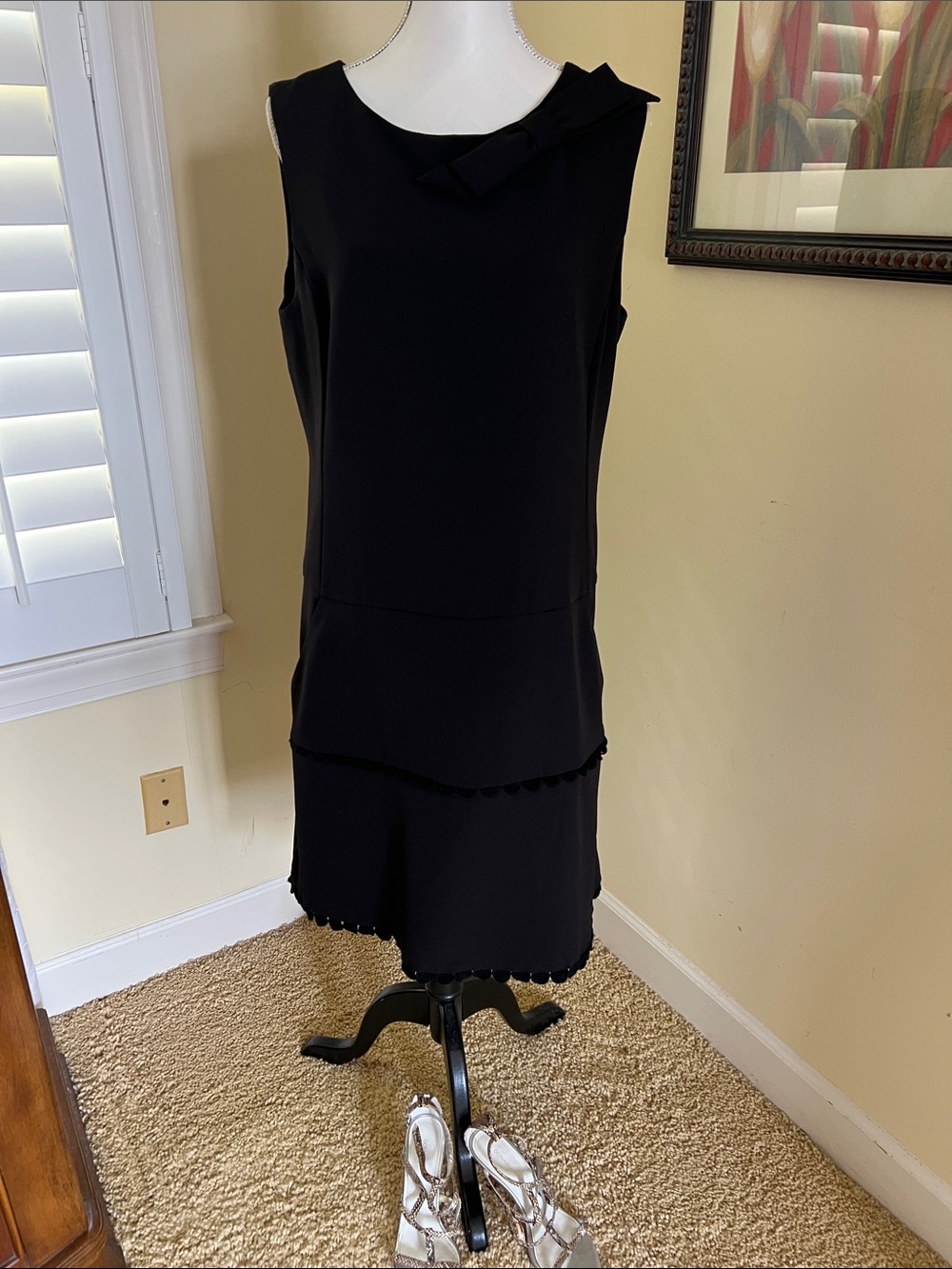 MARINA Black Sleeveless Bow-Neck Layered Dress
